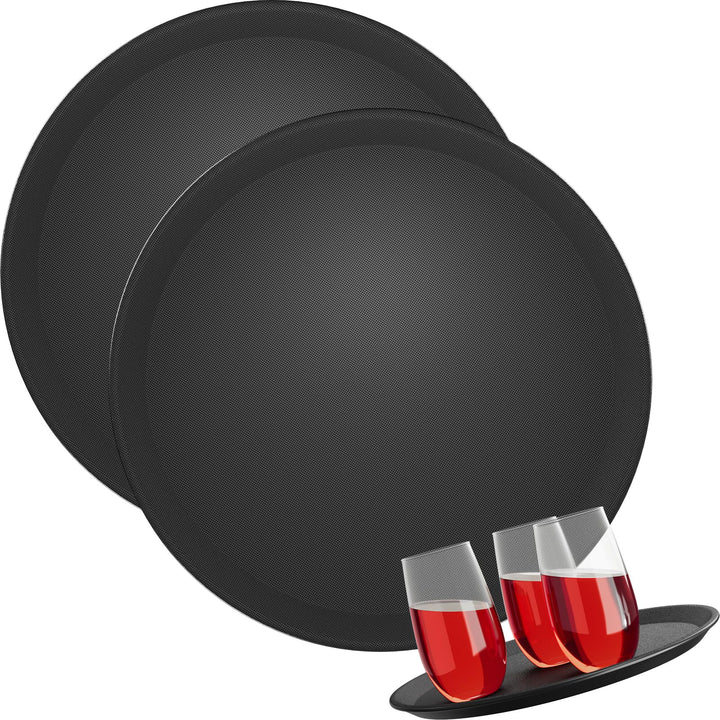 2X WELLGRO Kellnertablett Schwarz Ø 35 cm – Rutschfestes Serviertablett, Antirutsch, hoher Rand, Gas