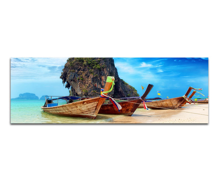 Paul Sinus Art Panoramabild auf Leinwand und Keilrahmen 150x50cm Thailand Strand Meer Felsen Boote H