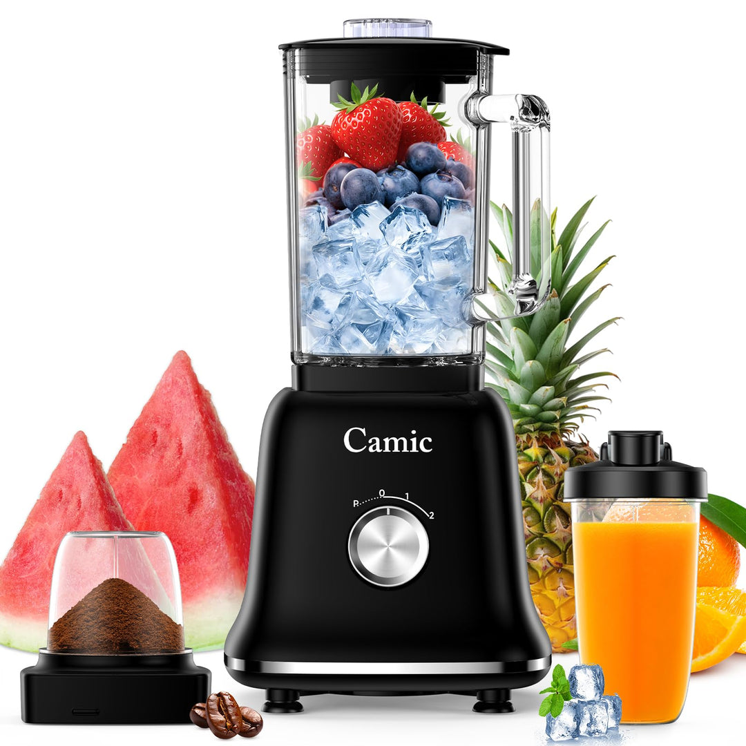 Camic Standmixer 1200W Hochleistungsmixer 3-in-1 mit 1,6L Glasbehälter Mixer & 400ml Reisebecher & 2