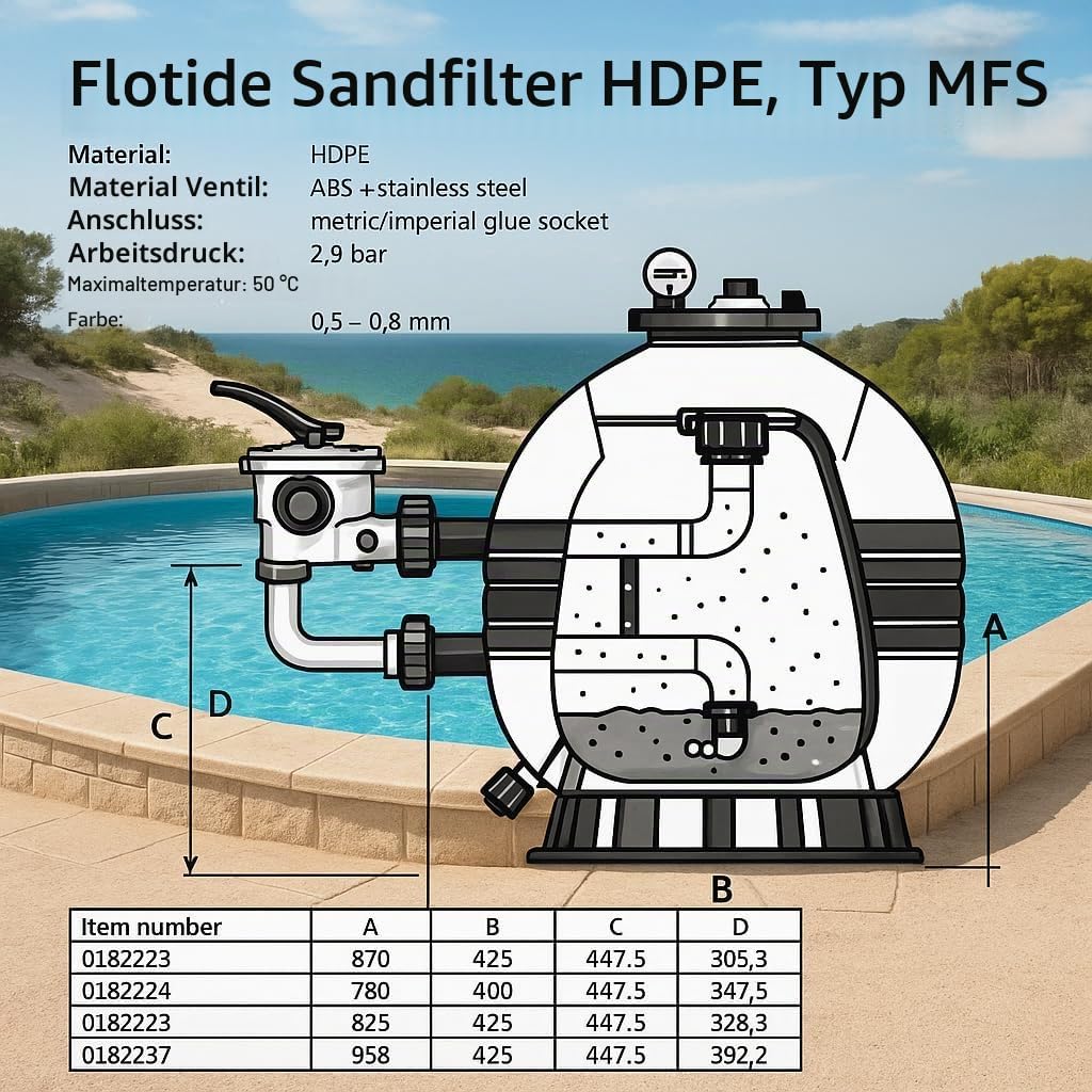 Flotide MFS17 HDPE Sand Filter - 425mm Diameter, 7000 L/H Max Flow, 37.5 m³ Pool Capacity, 0.14 m² F