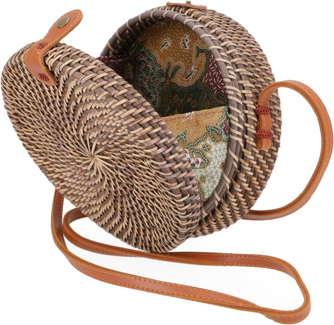 GURU SHOP Geflochtene Handtasche, Korbtasche, Rattantasche, Balitasche Rund - Modell 1, 20x20x7 cm,