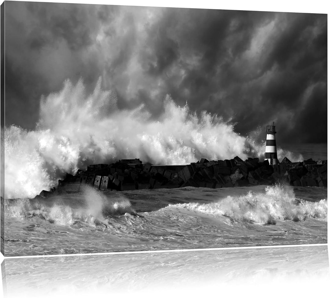 Pixxprint Tobendes Meer mit Leuchtturm als Leinwandbild/Grösse: 100x70 cm/Wandbild/Kunstdruck/fertig