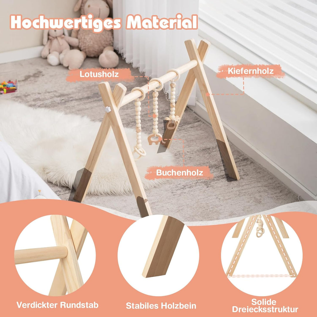 COSTWAY Baby Spielbogen Holz, Spieltrapez klappbar, Baby Gym mit 3 abnehmbaren Kinderspielzeugen, Sp