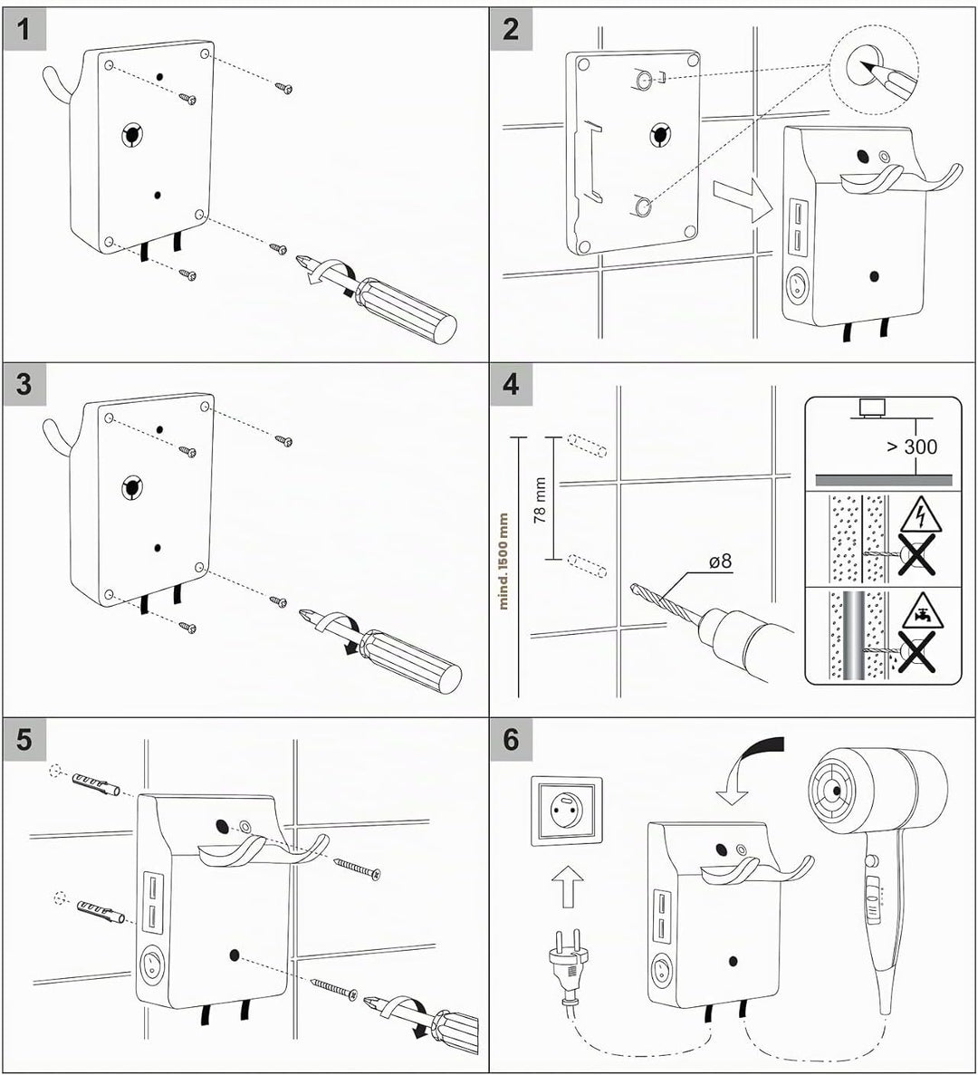QL Haartrockner Ionen mit Wandhalterung und USB-Steckdose,Föhn mit ThermoProtect Technologie 2000wat