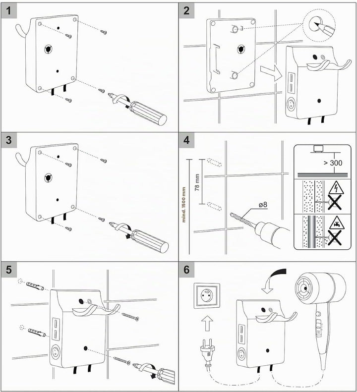 QL Haartrockner Ionen mit Wandhalterung und USB-Steckdose,Föhn mit ThermoProtect Technologie 2000wat