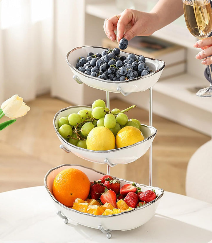 XUDREZ Obst Etagere mit 3 Etagen Obstschalen aus Keramik, Platzsparendes Obstkorb Etagere für die Fa