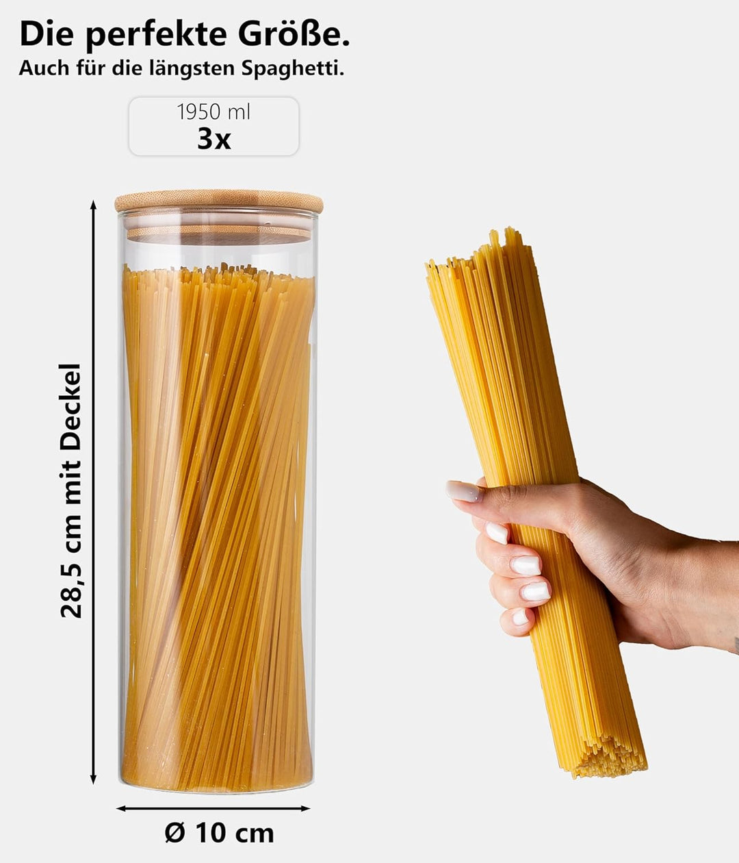 Deco haus® Spaghetti Aufbewahrung 3er Set - Vorratsgläser mit Deckel + Etiketten [LUFTDICHT] - Für M