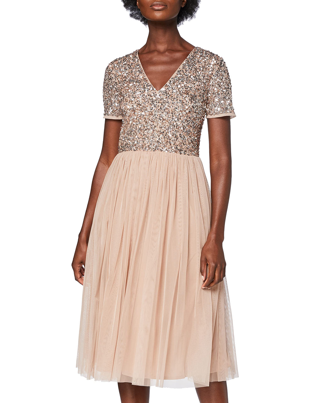 Maya Deluxe Damen Midi-Kleid mit V-Ausschnitt, Verziert Brautjungfernkleid Taupe Blush 42, Taupe Blu