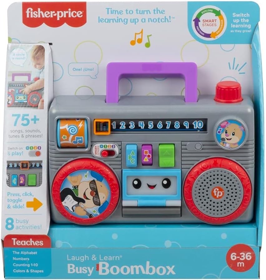 Fisher-Price Laugh & Learn Busy Boombox Retro-inspiriertes musikalisches Kleinkindspielzeug mit Lern