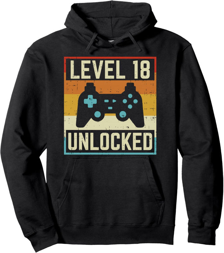 Level 18 Unlocked Video Gamer Retro 18th Birthday Game Gift Pullover Hoodie