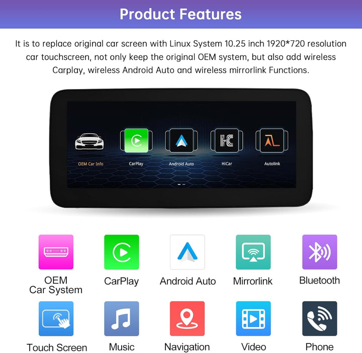 Road Top 10,25 Zoll Autoradio Drahtloses CarPlay Android Auto Touchscreen für Mercedes Benz A/CLA/GL