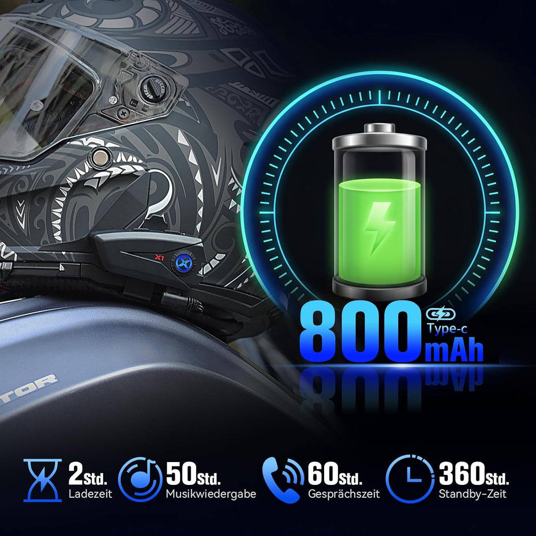 X1 Motorrad Headset Bluetooth 5.3, 40mm Hi-Fi, 60h Akkulaufzeit | Helm Kopfhörer für Musik und Navi-