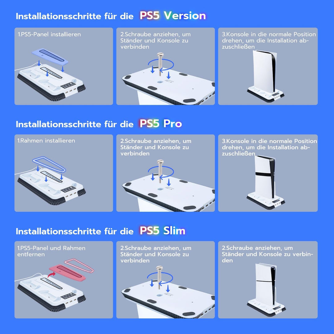 Wigearss PS5/PS5 Slim/PS5 Pro Kühler Standfuss mit Dual Controller Ladegerät, PS5 Controller Ladesta