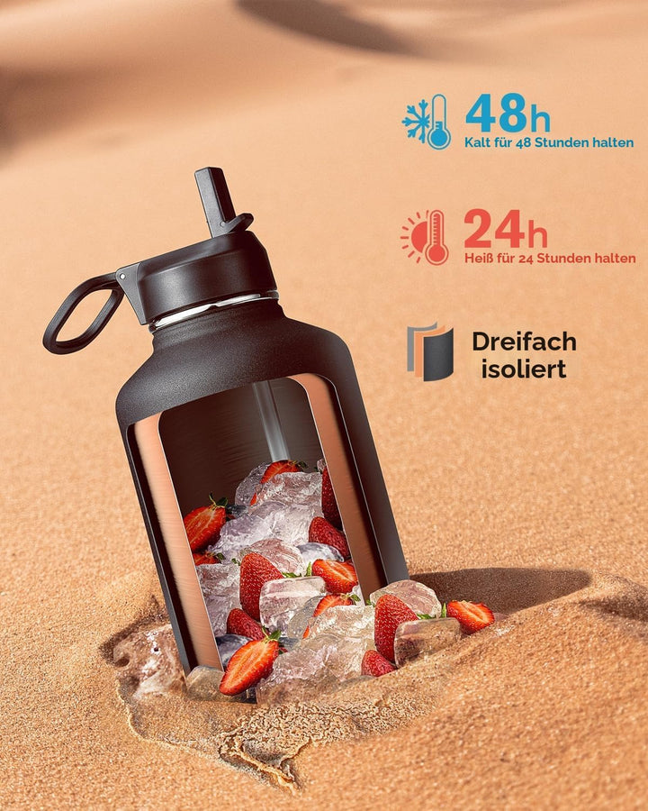 Coolflask Isolierte Wasserflasche 2L mit Strohhalm & 3 Deckeln, Isolierte Wasserflasche aus Edelstah
