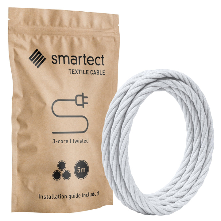 smartect Textilkabel gedreht 3-Adrig (3 x 0.75 mm²) Weiss, 5 Meter | Vintage Lampenkabel Stoff, Stro
