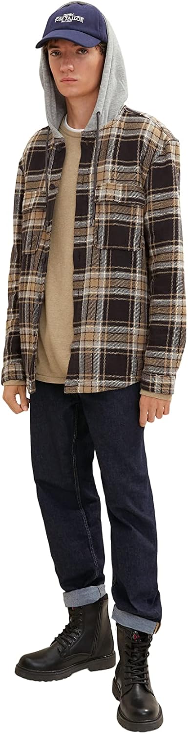 TOM TAILOR Denim Herren Overshirt mit Kapuze XS 30688 - Coal Grey Grey Beige Check, XS 30688 - Coal