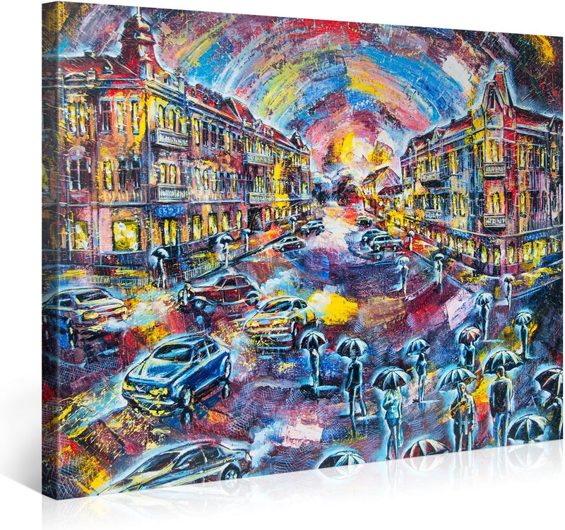 PICANOVA – Abstract City in Watercolour Style 100x75cm – Premium Leinwanddruck – Kunstdruck Auf 2cm