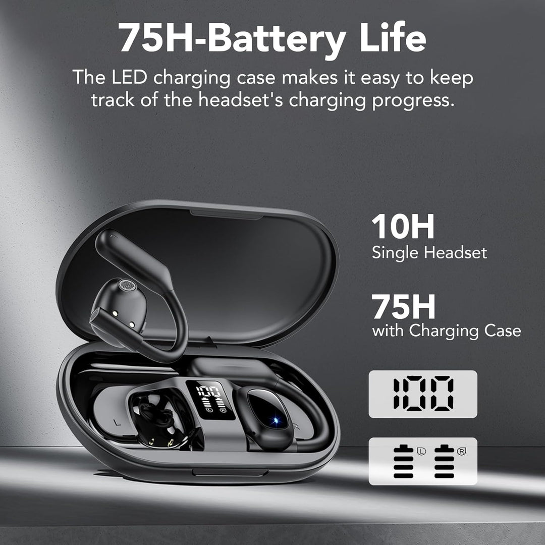 Open Ear Kopfhörer Bluetooth 5.3, LED-Anzeig, 75 Stunden Spielzeit, Tiefer Bass Wireless Earbud, Beq