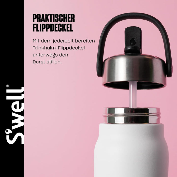 S'well Explorer Flasche aus recyceltem Edelstahl mit Klapp-Trinkhalm-Deckel, 700 ml, Stil weisser Mo
