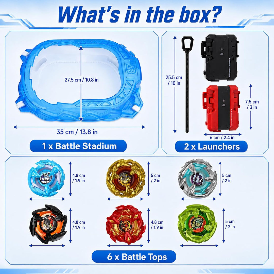 Bayblade x Arena, Kampfkreisel Set mit Arena, 6 Burst Kampfkreisel, 2 Starter &amp; Beschleunigungsschie