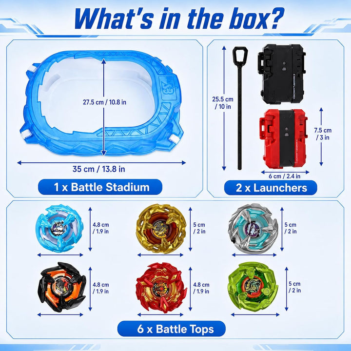 Bayblade x Arena, Kampfkreisel Set mit Arena, 6 Burst Kampfkreisel, 2 Starter &amp; Beschleunigungsschie