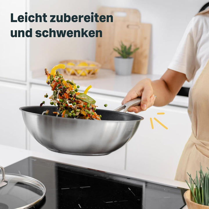 SILBERTHAL Wokpfanne mit Deckel beschichtet Induktion 28 cm - Edelstahl Wok zum Frittieren und Brate