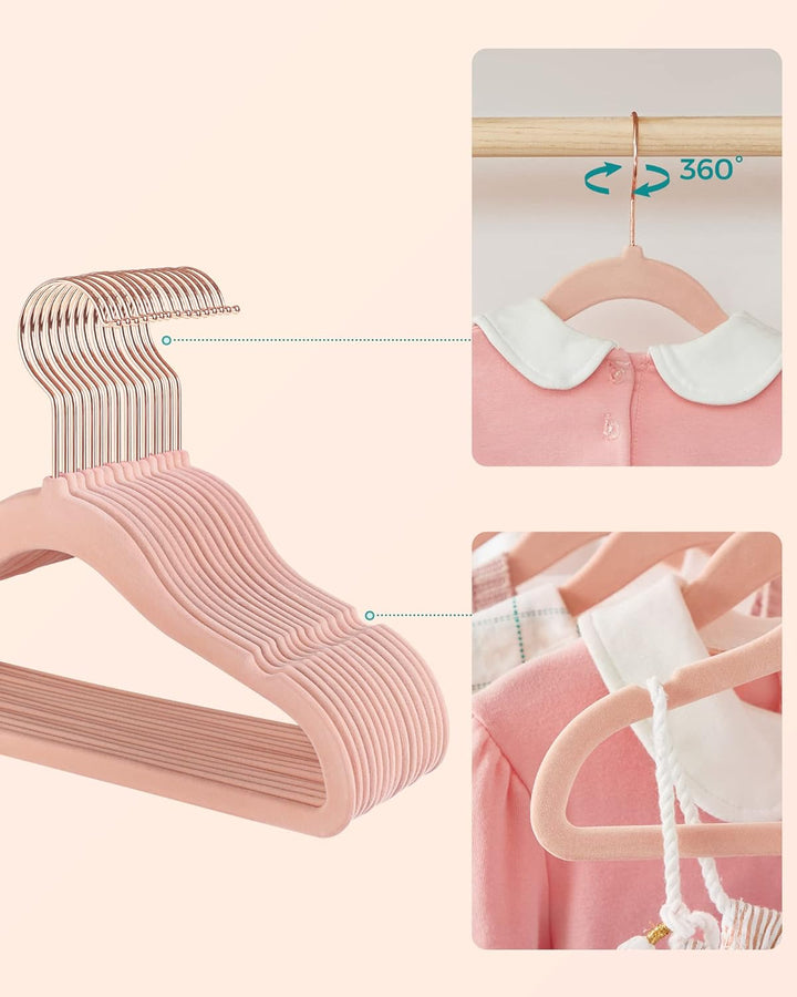 SONGMICS Kinderkleiderbügel, 50er Set, Samtbügel mit Haken in Roségold, rutschfest, für Kleiderschra