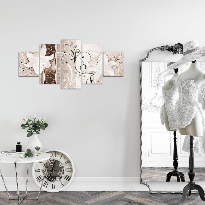Runa Art Wandbilder Blumen Lilien 5 Teilig Bild auf Vlies Leinwand Deko Wohnzimmer Abstrakt Biege Br
