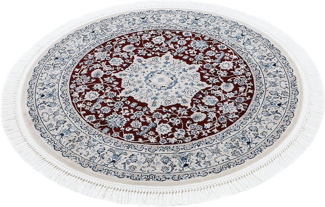 carpetfine Orientteppich Nain Diane Rot Ø 120 cm Rund | Tradtioneller Teppich für Schlaf- und Wohnzi