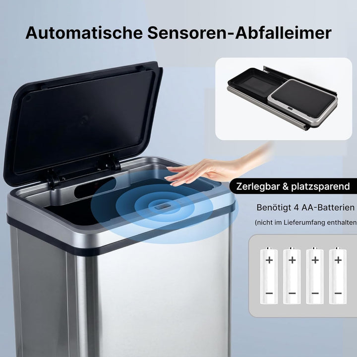 Sensor Mülleimer 2er Set (2x50L) – Automatische Abfalleimer Küche mit Deckel, Edelstahl, geruchsmini