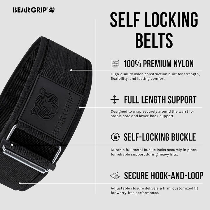 BEAR GRIP - Selbstverriegelnder Gewichthebergürtel, Premium Gewichthebergürtel für Crossfit, Powerli