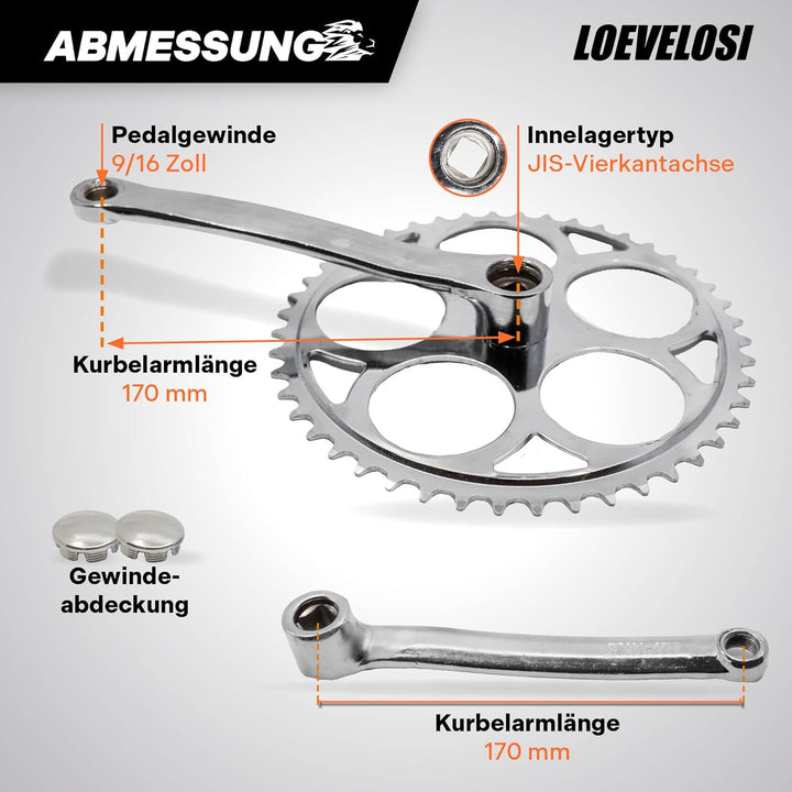 1-fach Fahrrad Kurbel verstärkter Stahl Crank Set Vierkant Kurbelgarnitur 170 mm Kurbelarm für Retro