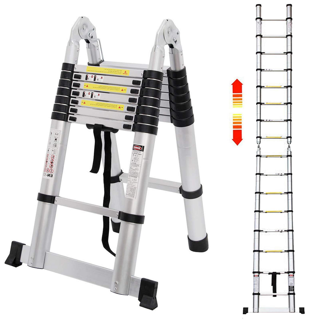 5M Teleskopleiter Alu Leiter Ausziehbare Klappleiter 2.5M + 2.5M Teleskop Leiter mit Stabilisator, H