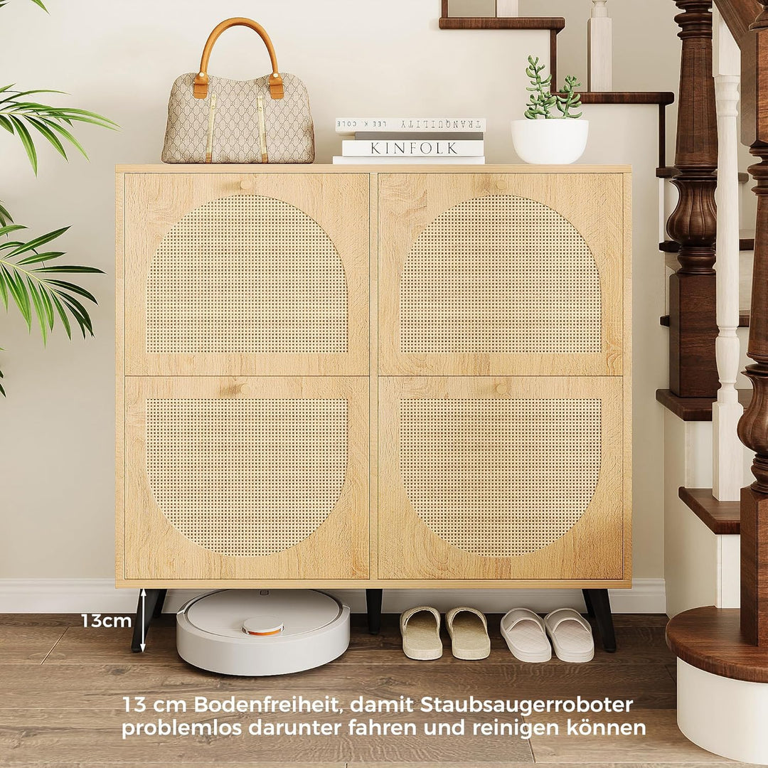 IRONCK Schuhschrank Rattan, schmal Schuhkipper mit 4 Klappen, freistehende Schuhregal, Schuhkommode