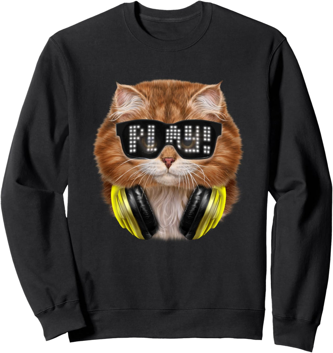 Orange Katze, die Hipster-Sonnenbrille und Kopfhörer trägt Sweatshirt