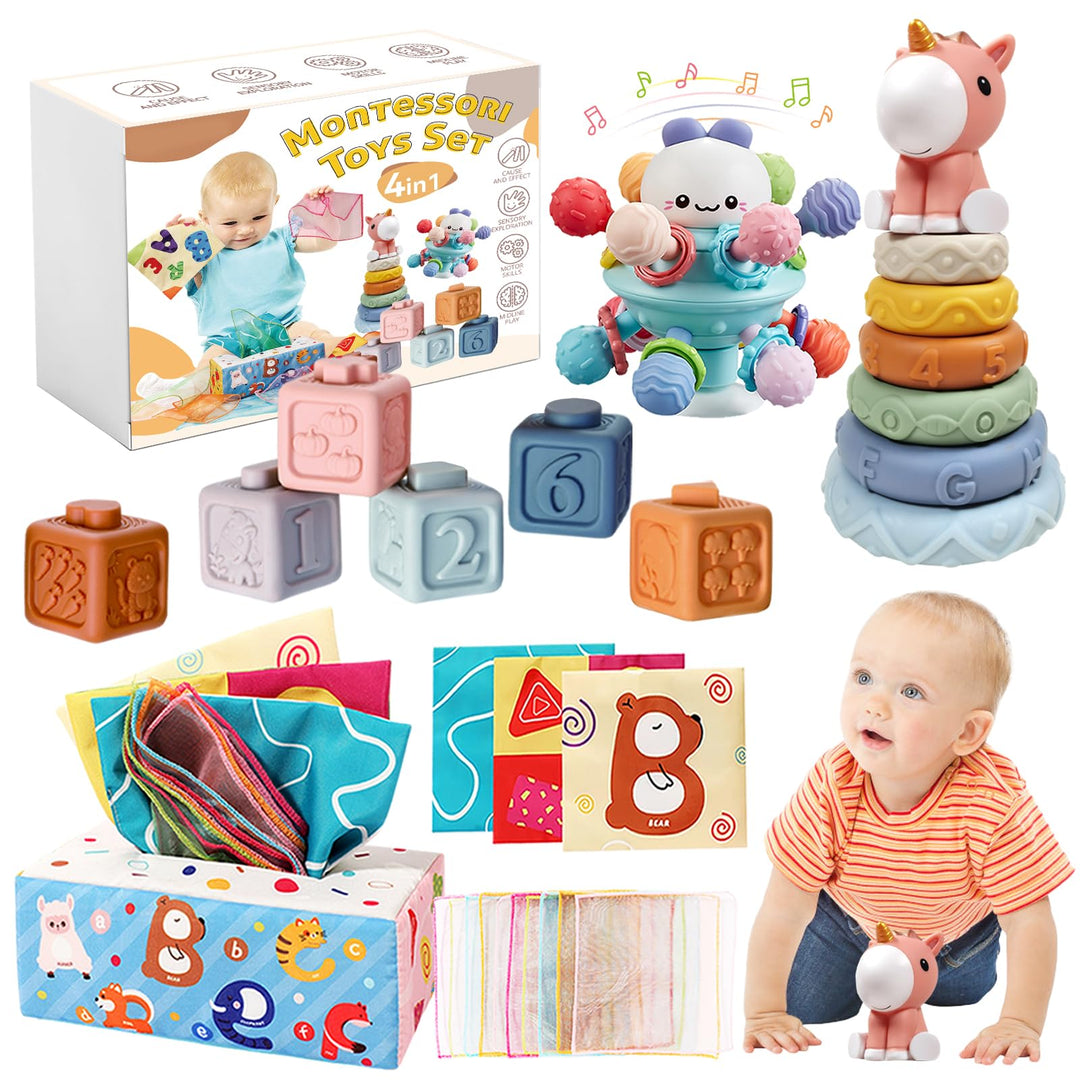 Almaxi Baby Spielzeug 6 Monate-3 Jahren, 4 in 1 Montessori Spielzeug, Stapelturm, Silikonbausteine,