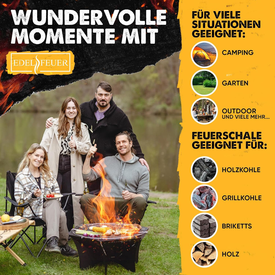 EDELFEUER Feuerschale Faltbar + GRATIS Grillrost - Leichter Aufbau - Ø 80cm [Ultra Stabil] Feuerkorb