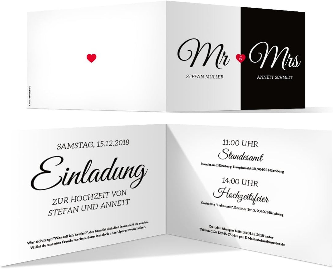 Kartenmachen.de 10 x Hochzeit Einladungskarten Hochzeitseinladungen Hochzeitskarten - Mr. & Mrs., 10