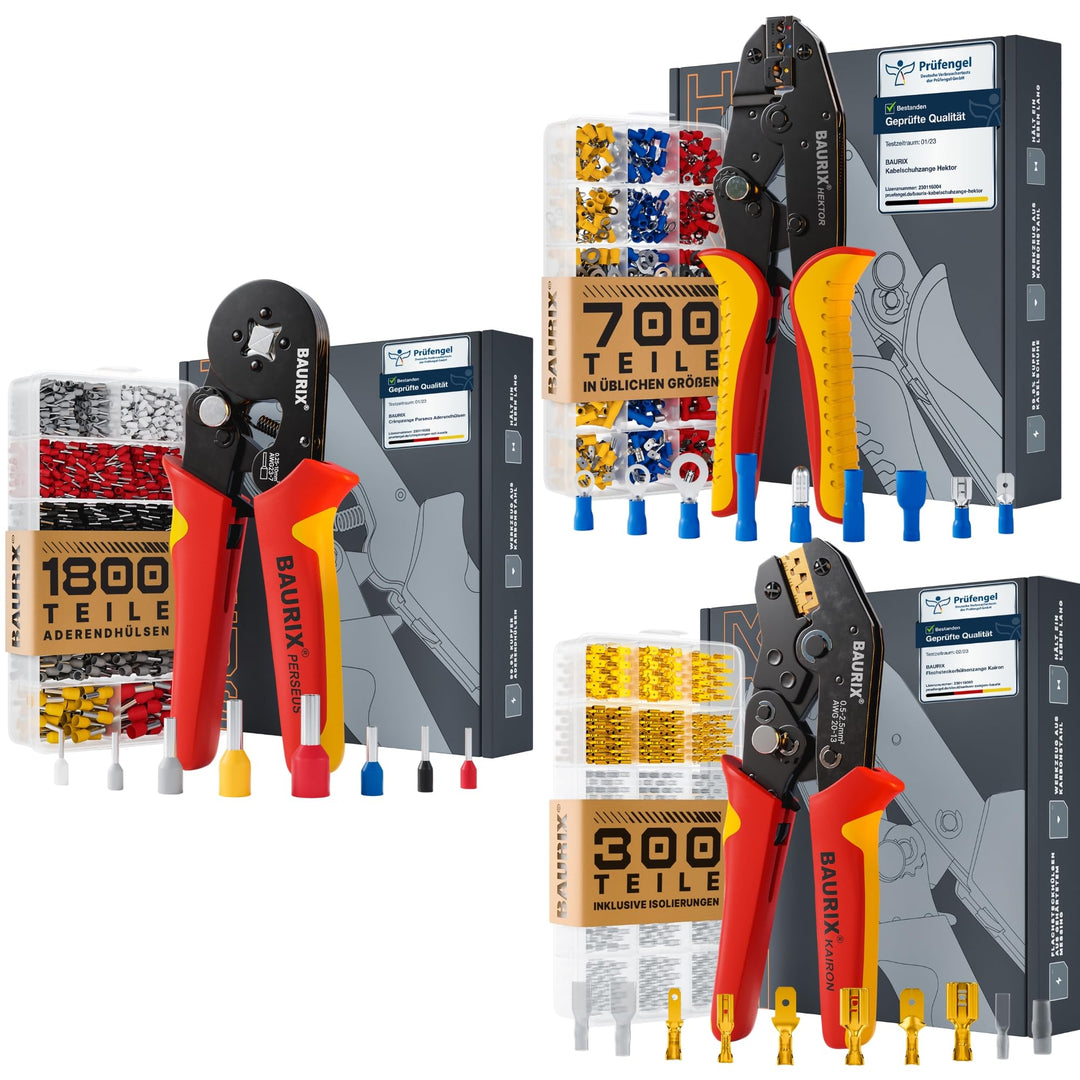 BAURIX® Crimpzange Set – PERSEUS Aderendhülsenzange mit 1800 Aderendhülsen, HEKTOR Kabelschuh Zange