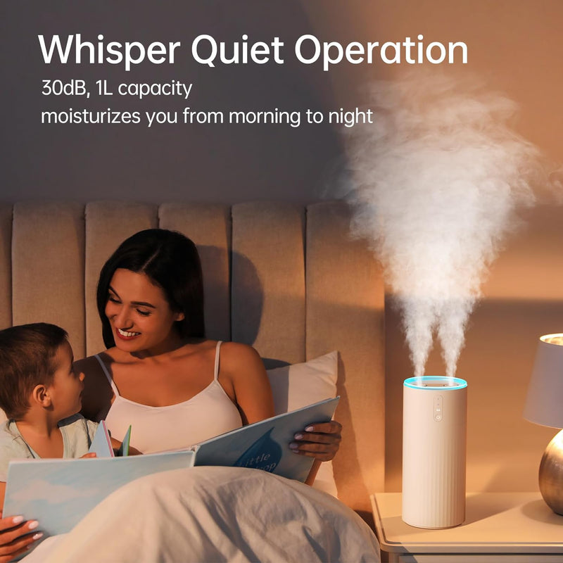 JISULIFE Luftbefeuchter Schlafzimmer 1 L, Humidifier Top-Fill raumbefeuchter 30 dB, 8000mAh raumluft
