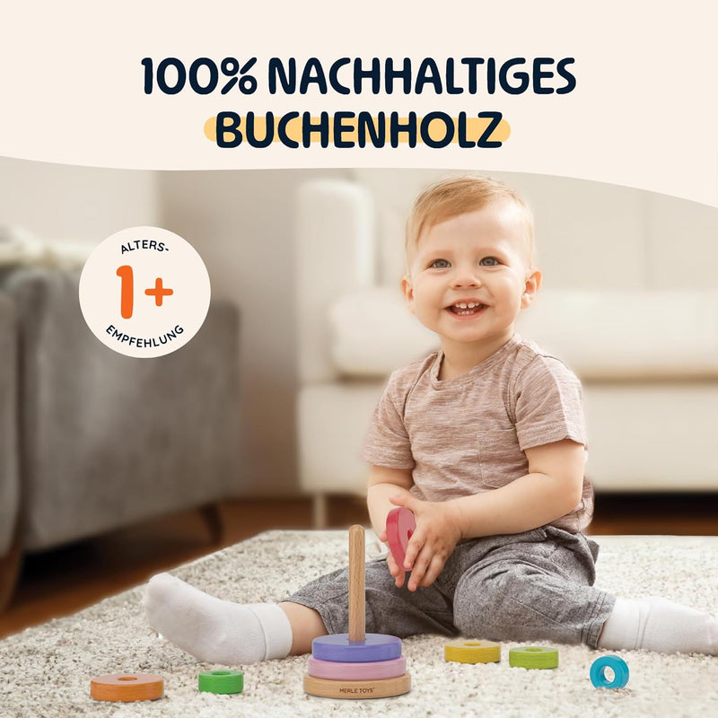 Merle Toys® Stapelturm Baby Holz - 100% FSC-zertifiziertes Holzspielzeug, Montessori Spielzeug, Stap
