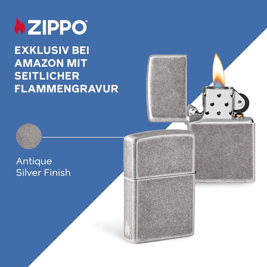 ZIPPO - Antique Silver - nachfüllbares Sturmfeuerzeug in hochwertiger Geschenkbox (Silber, Flammenmo