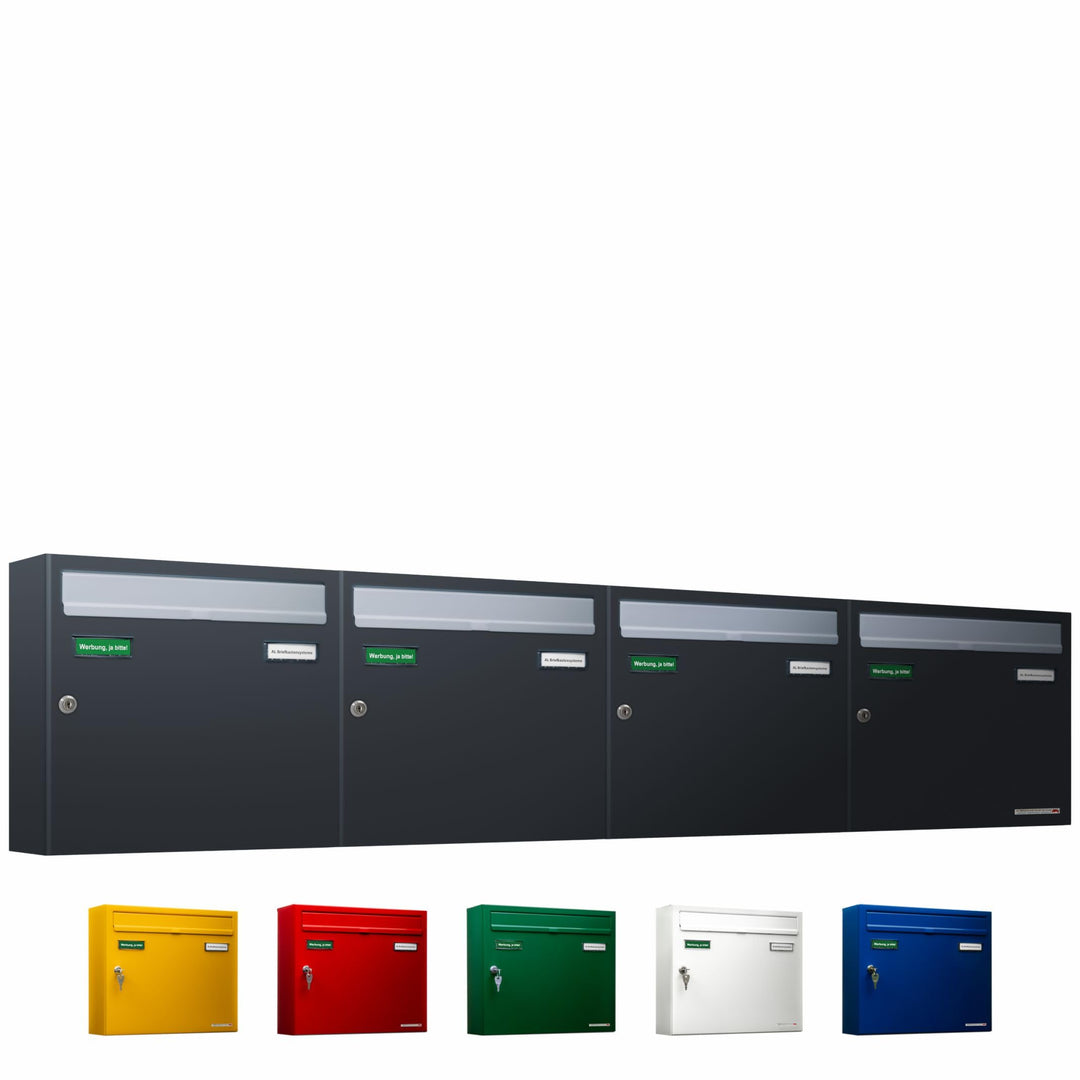 AL Briefkastensysteme Basic 4er Briefkasten RAL 7016 Anthrazit Grau/Einwurfklappe RAL 9006 Weiss Alu
