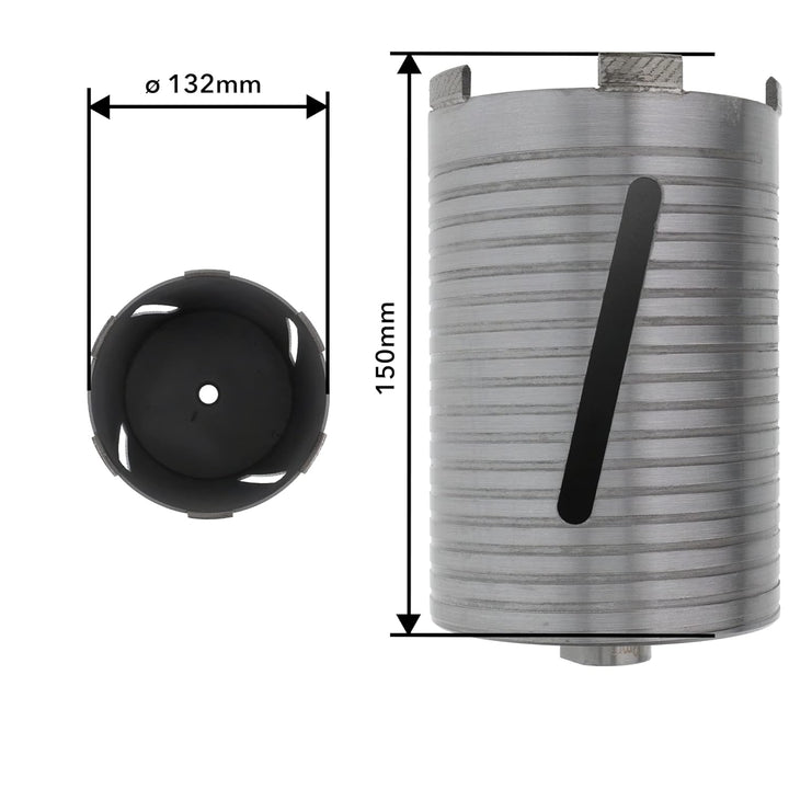 PRODIAMANT Diamant Bohrkrone ø 132mm Nutzlänge 150mm mit 6-Kant Adapter lasergeschweisst für trocken