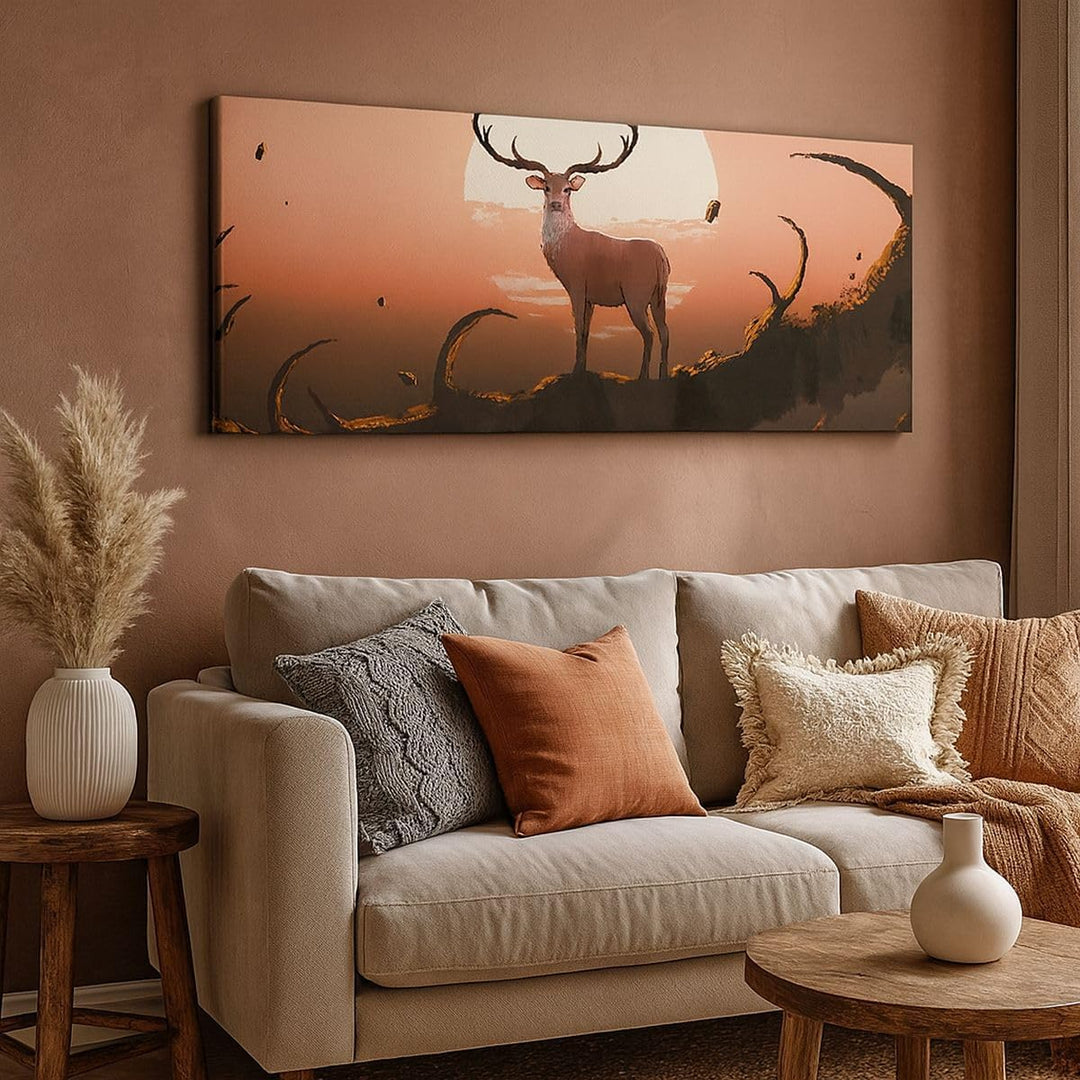 Panorama Bilder auf Leinwand 100x40cm Leinwandbild Hirsch Geweih Hörner Gross Wanddeko Bild Schlafzi