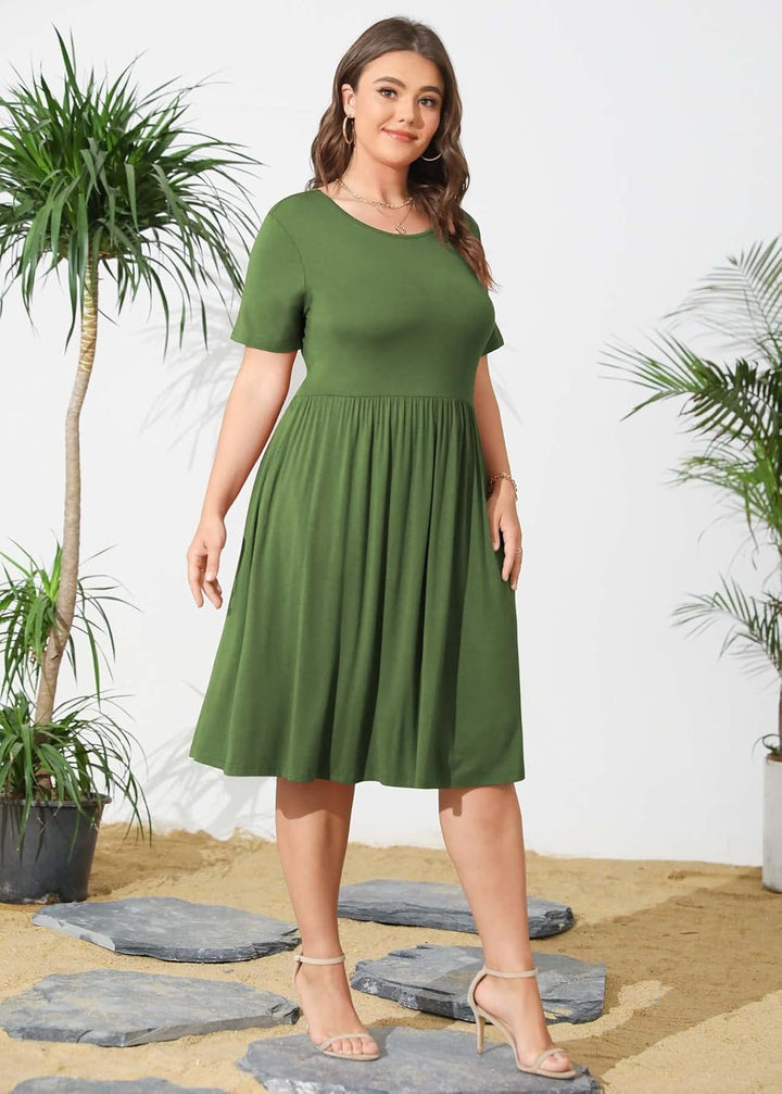 POSESHE Damen-Sommerkleid in Übergrösse 2023, lässig, kurzärmelig, Empire-Taille, lockere Passform,