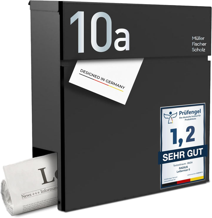 Radius® Designer Briefkasten Edelstahl - Hausnummer & Briefkasten Namensschild personalisiert mit La