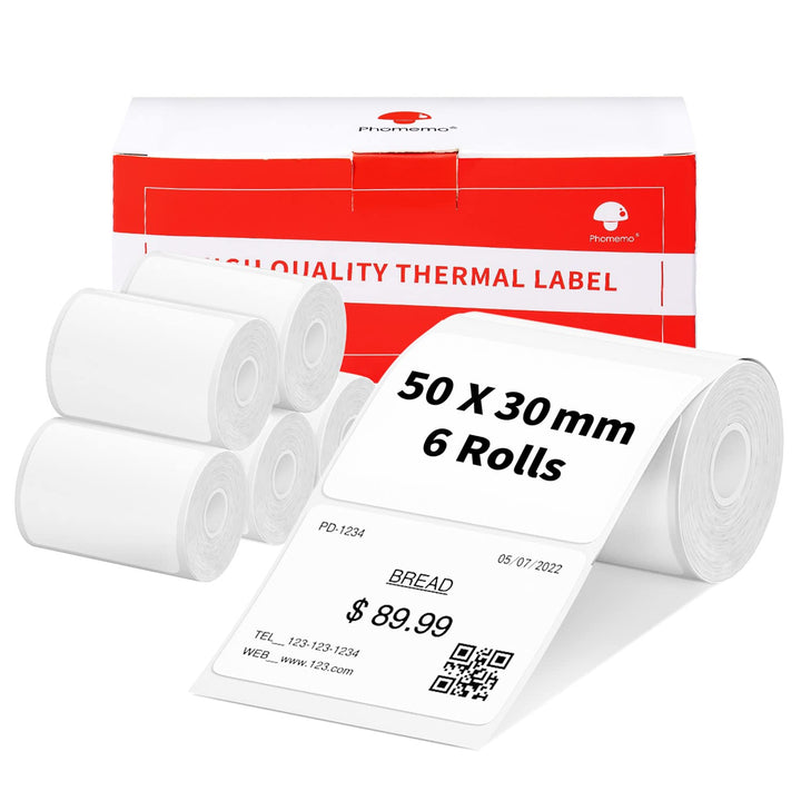 6 Rollen Phomemo M120/M110 Etiketten, 1.96"x 1.18" (50 x 30 mm) Thermoetikettenpapier für Phomemo M1