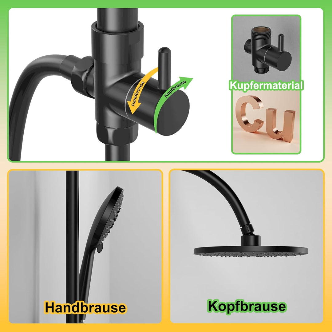 Regendusche Duschsystem ohne Armatur, Duschset mit Edelstahl Duschstange, Duschsäule mit ABS Kopfbra
