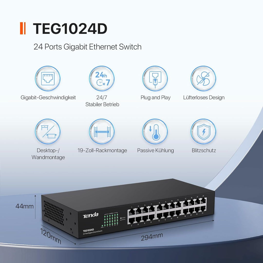 Tenda TEG1024D 24 Port Switch 19 Zoll Rackeinbau Gigabit Switch (Plug-and-Play, 48 Gbit/s Switching-